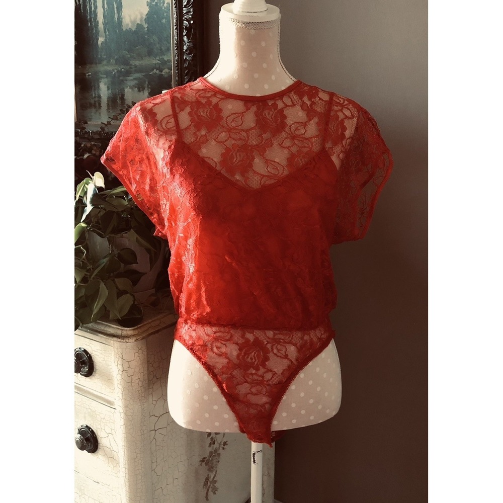 Vtg Coalesce Collection 80'S Red Sheer Lace Teddy Bodysuit Lingerie USA Women L